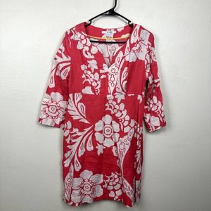 Boden Linen Coral V-Neck Floral Tunic Dress Size 8 R
